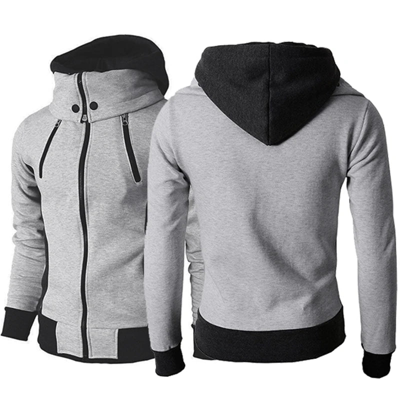 Man in a slim grey zip-up hoodie jacket