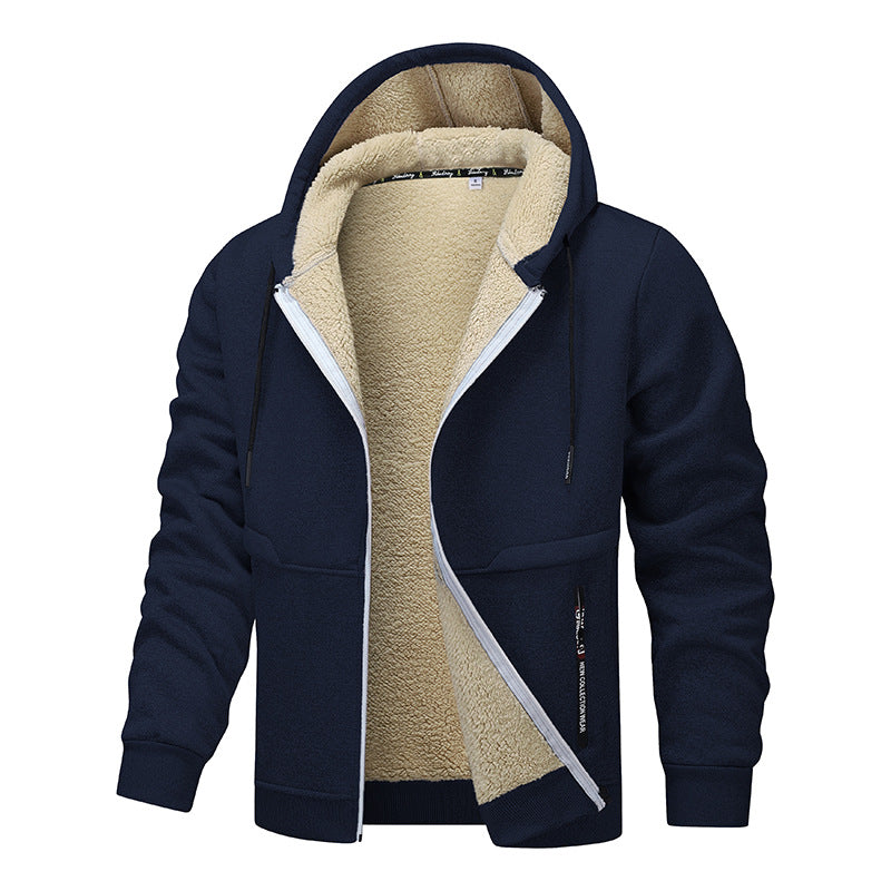 Man in a sherpa lined zip hoodie