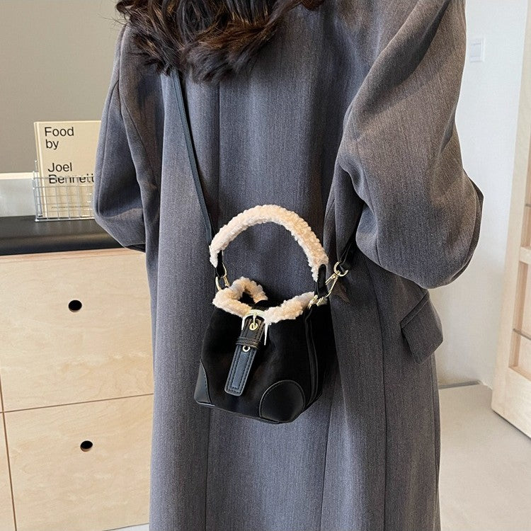 Small plush-trim crossbody bucket bag
