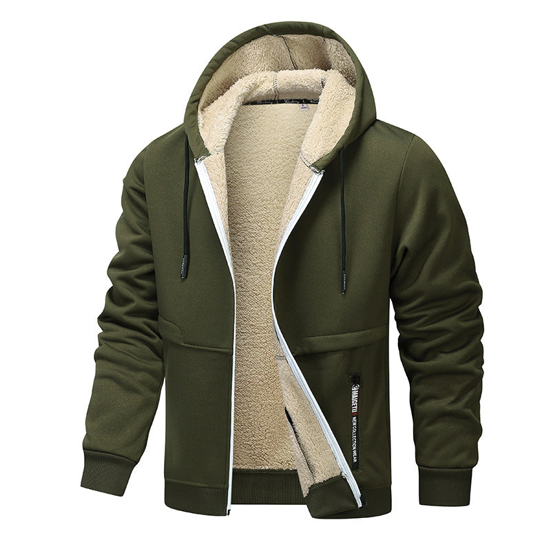 Man in a sherpa lined zip hoodie