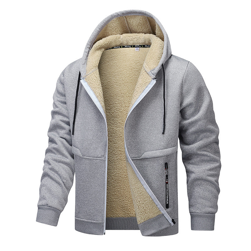 Man in a sherpa lined zip hoodie