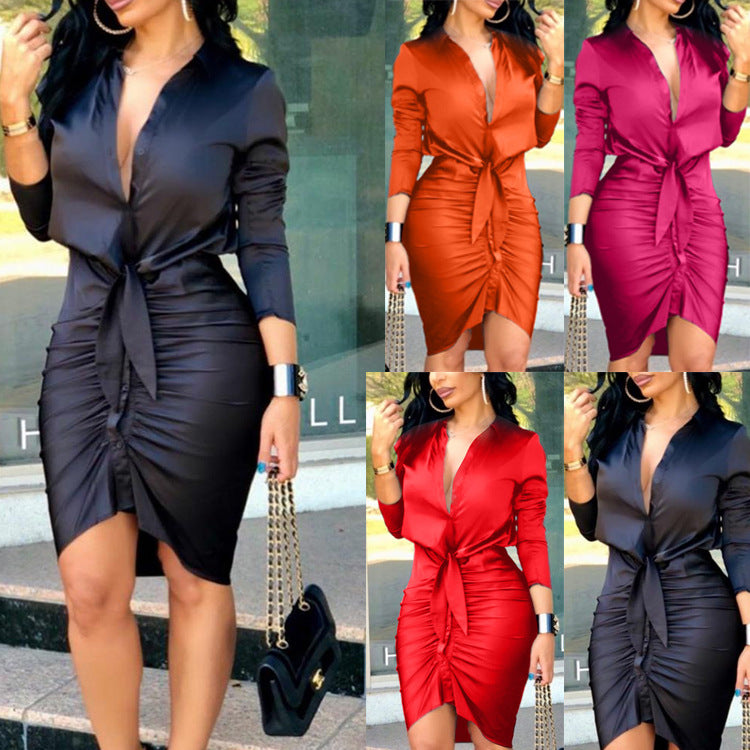 Woman wearing satin midi shirt dress