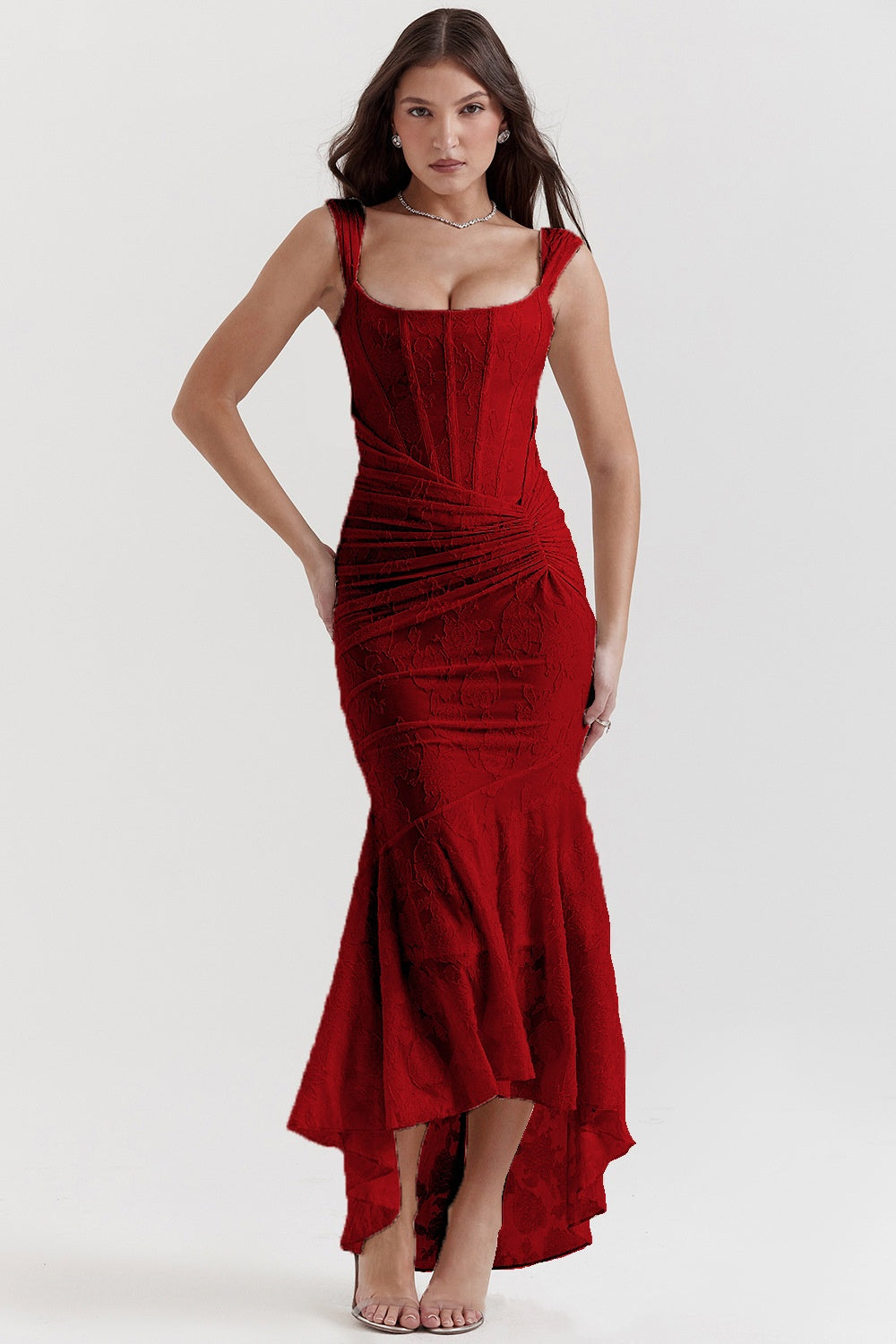 Woman in an off-shoulder ruched maxi dress