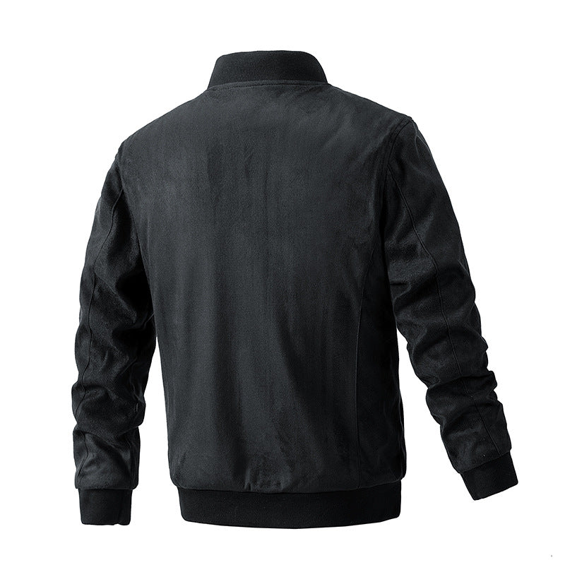 Man in a faux suede bomber jacket