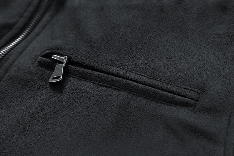 Man in a faux suede bomber jacket