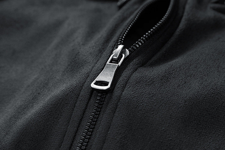 Man in a faux suede bomber jacket