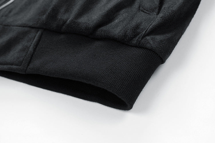 Man in a faux suede bomber jacket