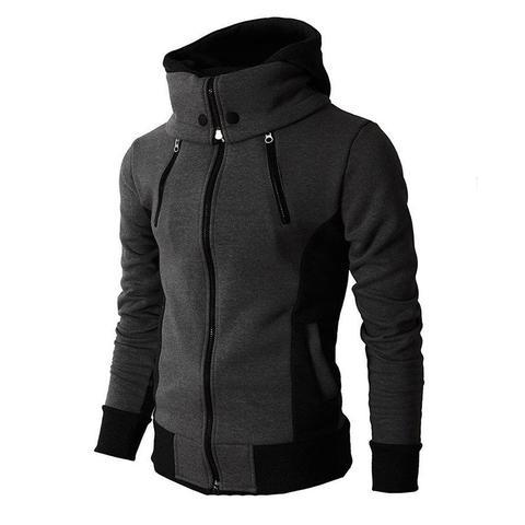 Man in a slim grey zip-up hoodie jacket