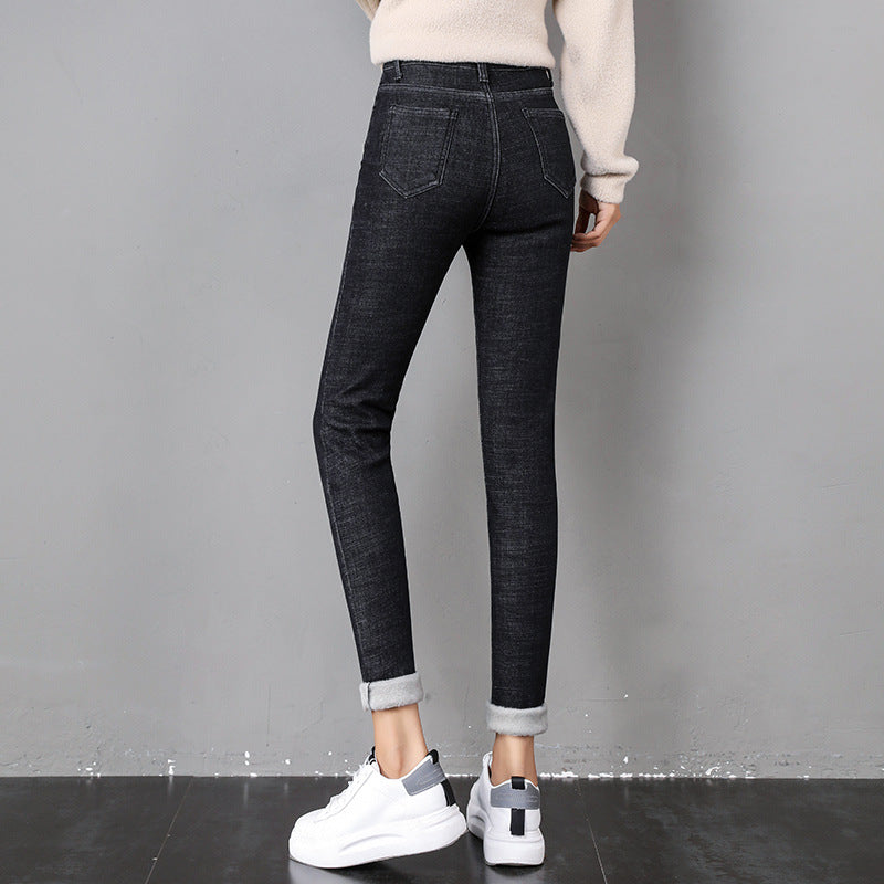 Woman in fleece-lined skinny jeans