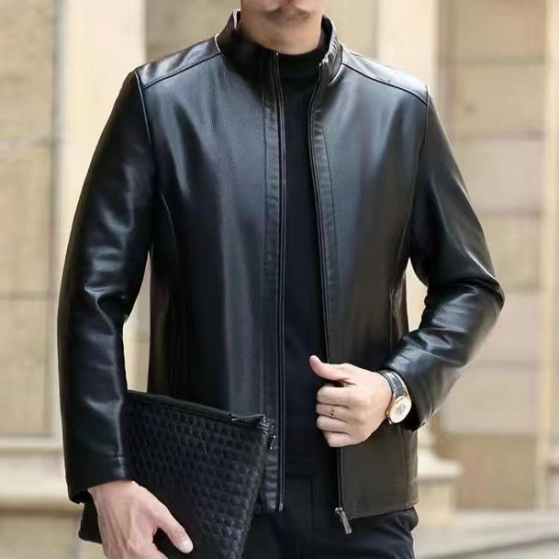 Man wearing a faux leather jacket
