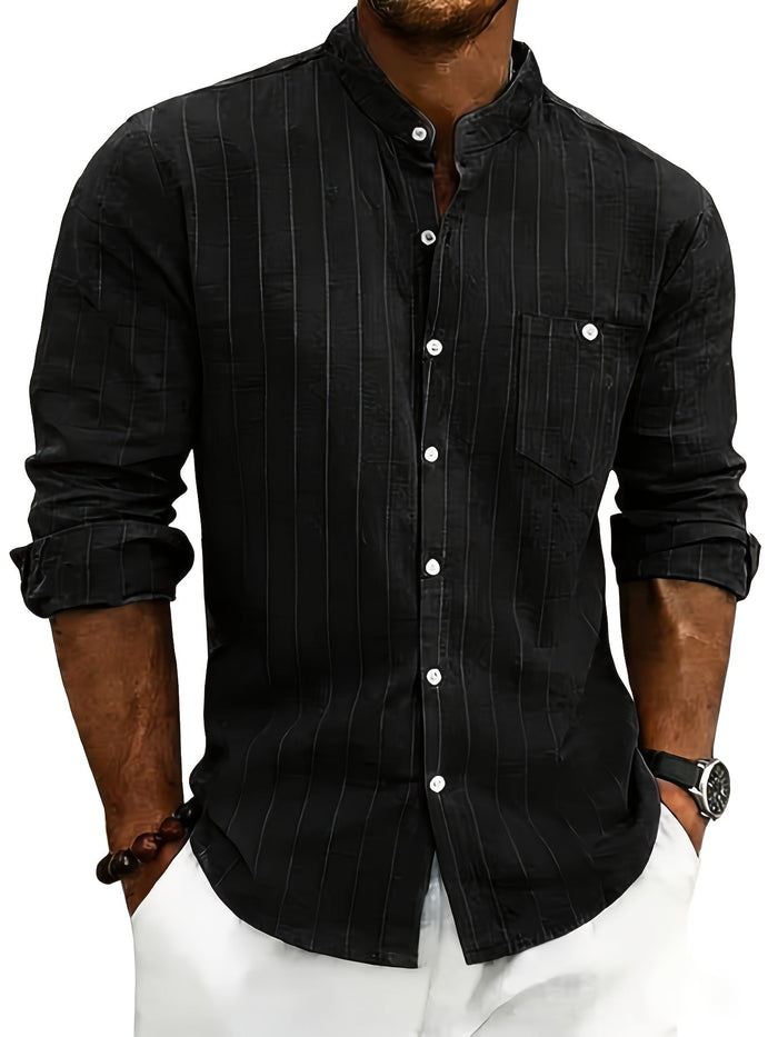 Men's Striped Grandad Collar Shirt Long Sleeve