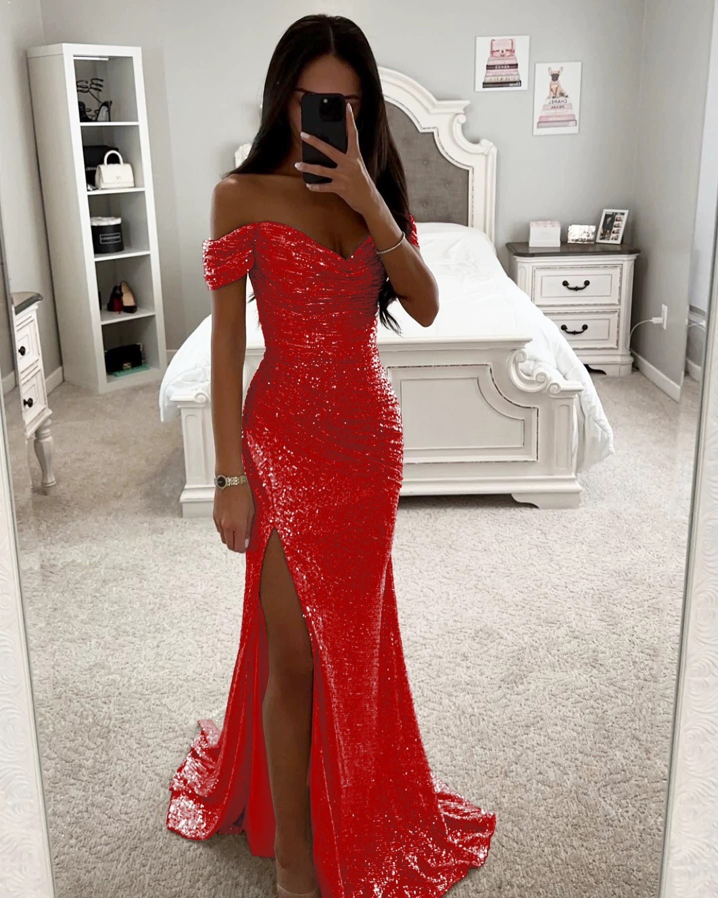 Woman in off-shoulder sequin evening gown
