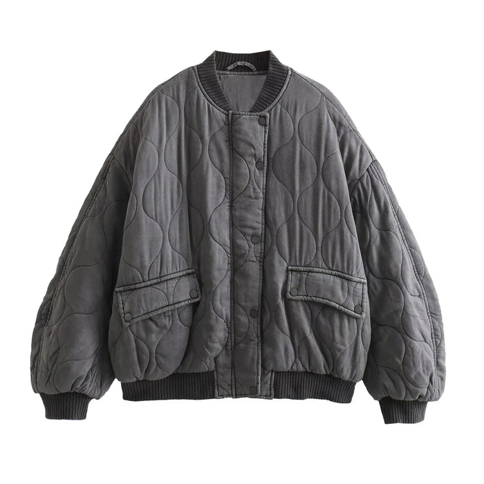Women's Oversized Quilted Bomber Jacket with Ribbed Trims