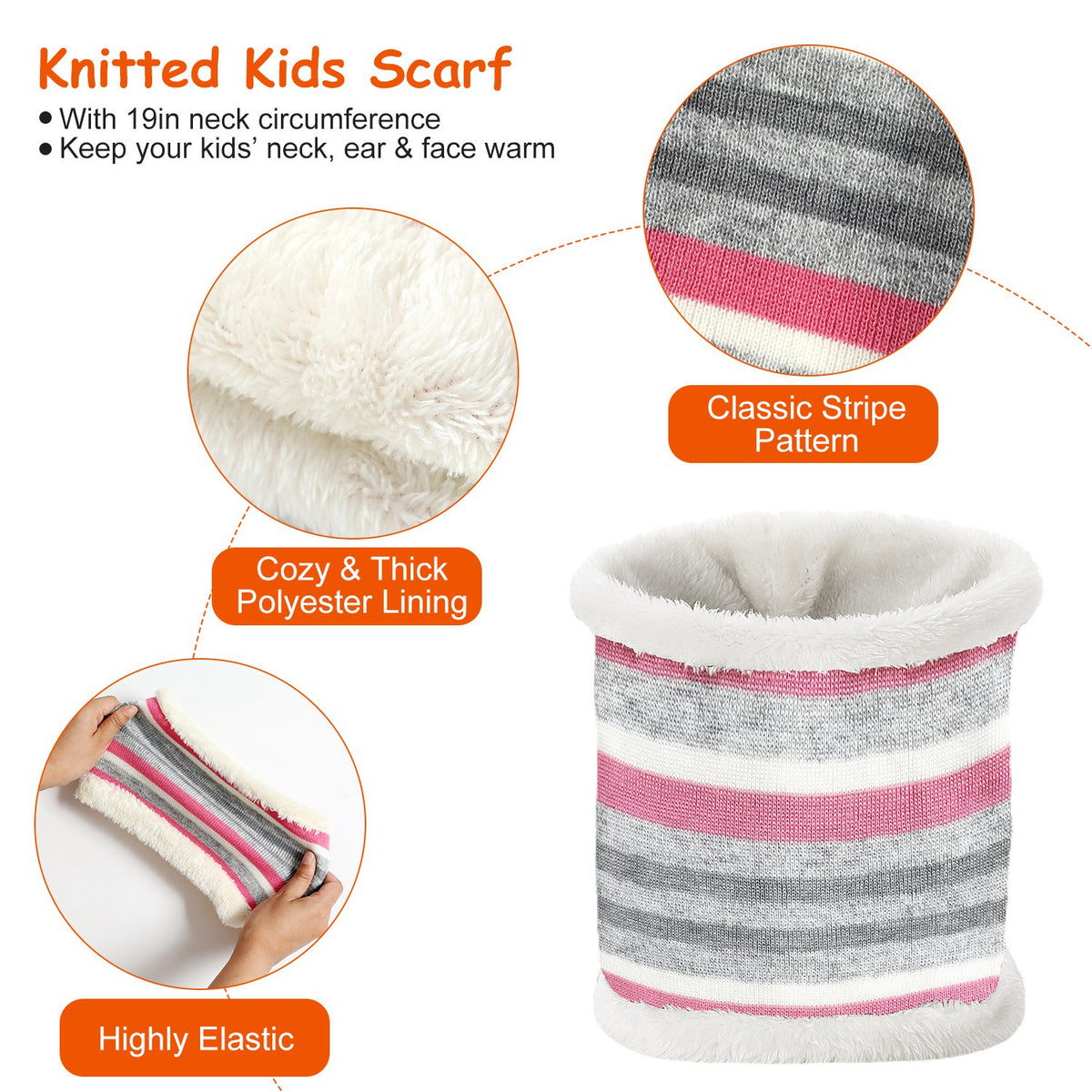 Child wearing striped pompom hat, snood and gloves
