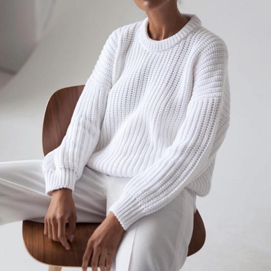 Women's Chunky Ribbed Knit Jumper Crew Neck Long Sleeve
