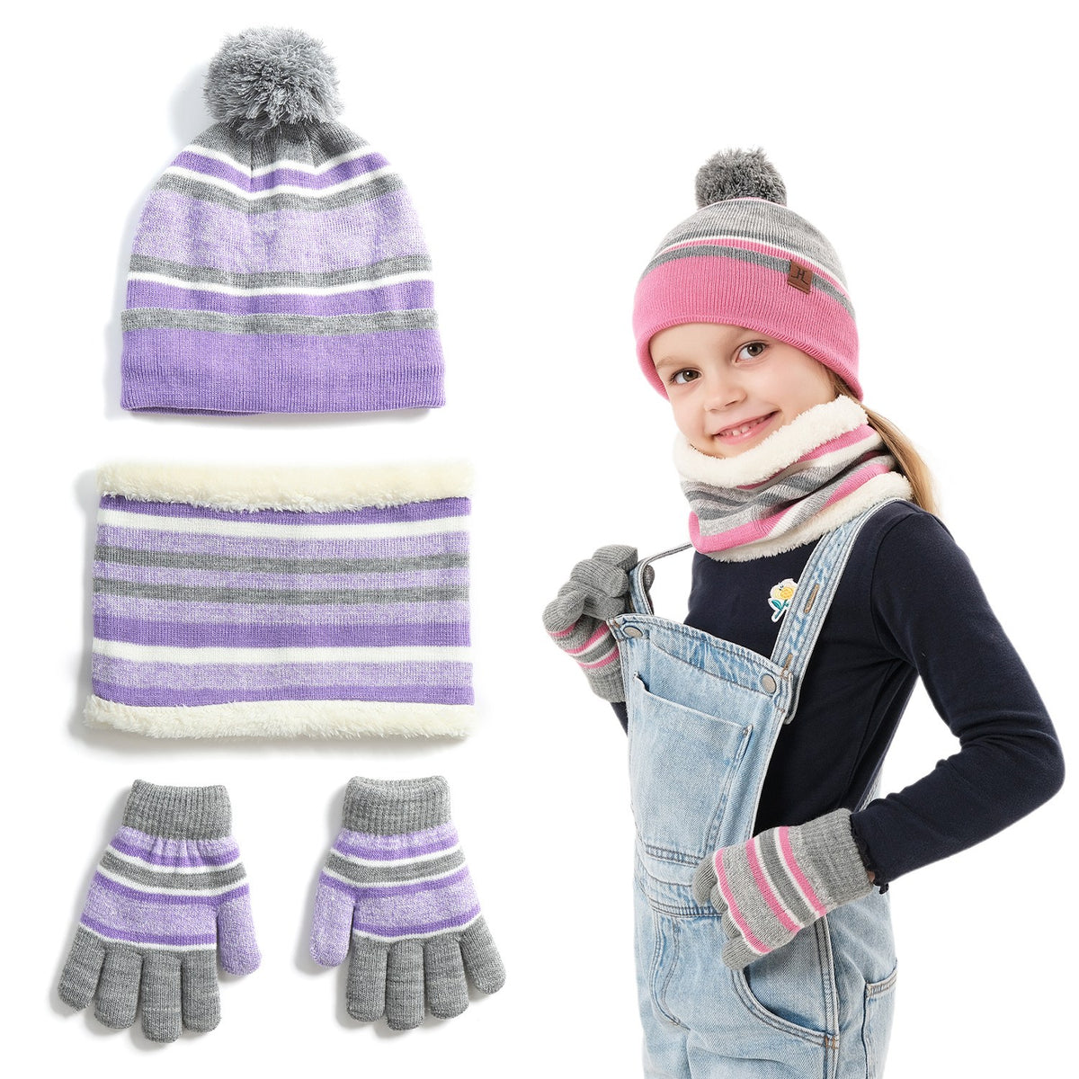 Child wearing striped pompom hat, snood and gloves