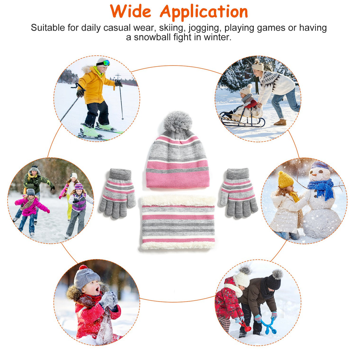 Child wearing striped pompom hat, snood and gloves