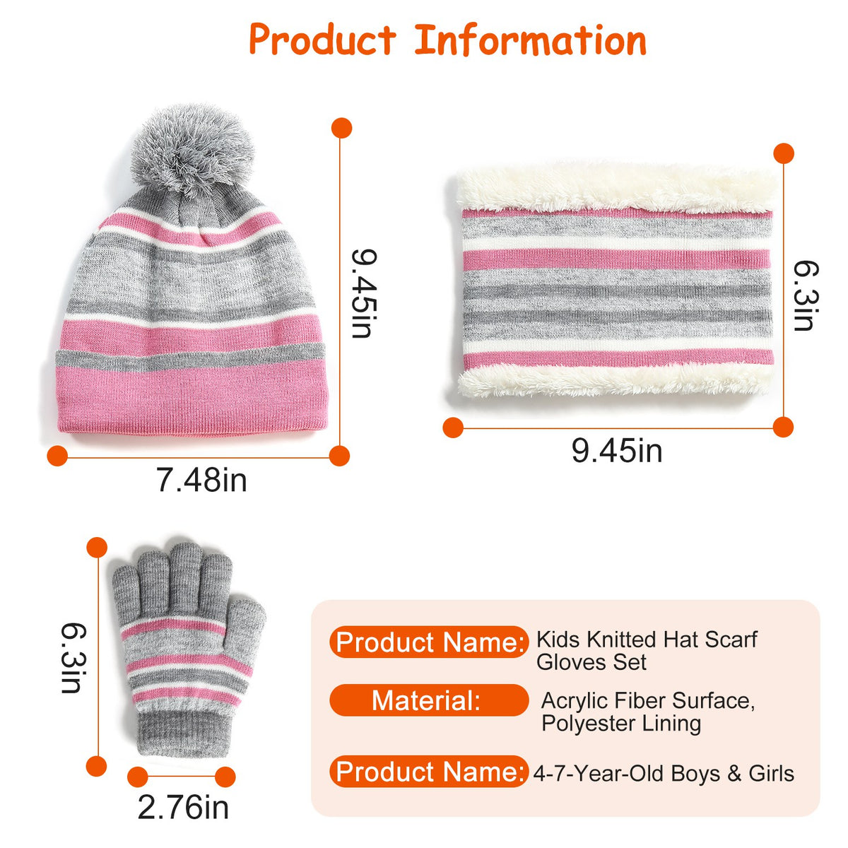 Child wearing striped pompom hat, snood and gloves