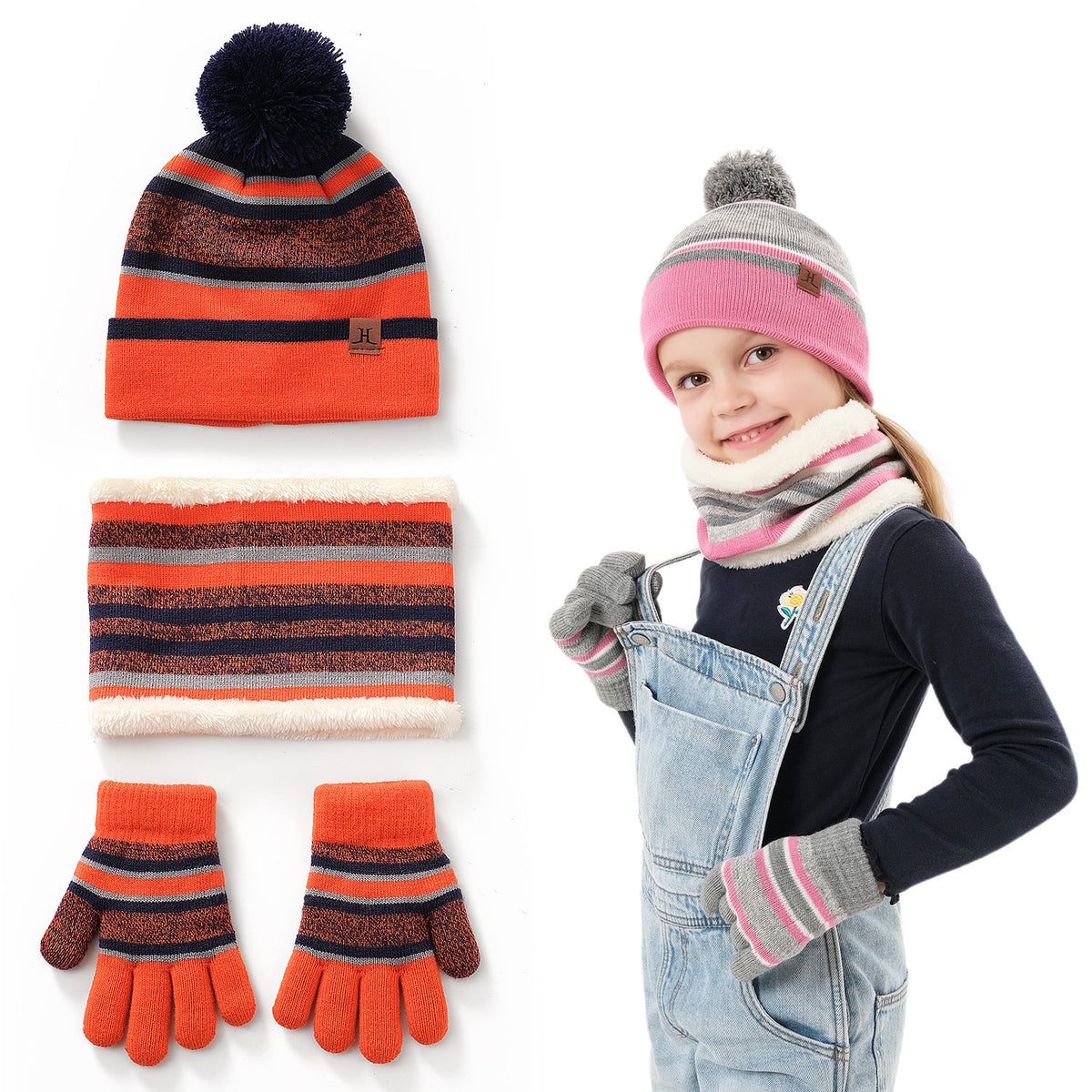 Child wearing striped pompom hat, snood and gloves