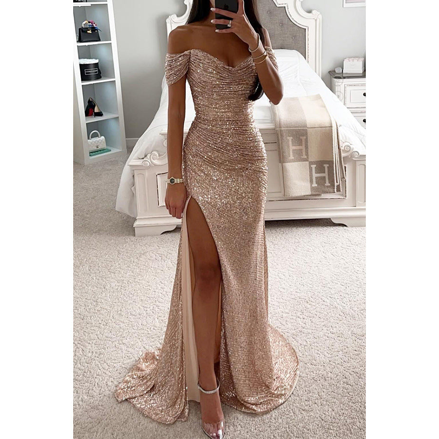 Woman in off-shoulder sequin evening gown