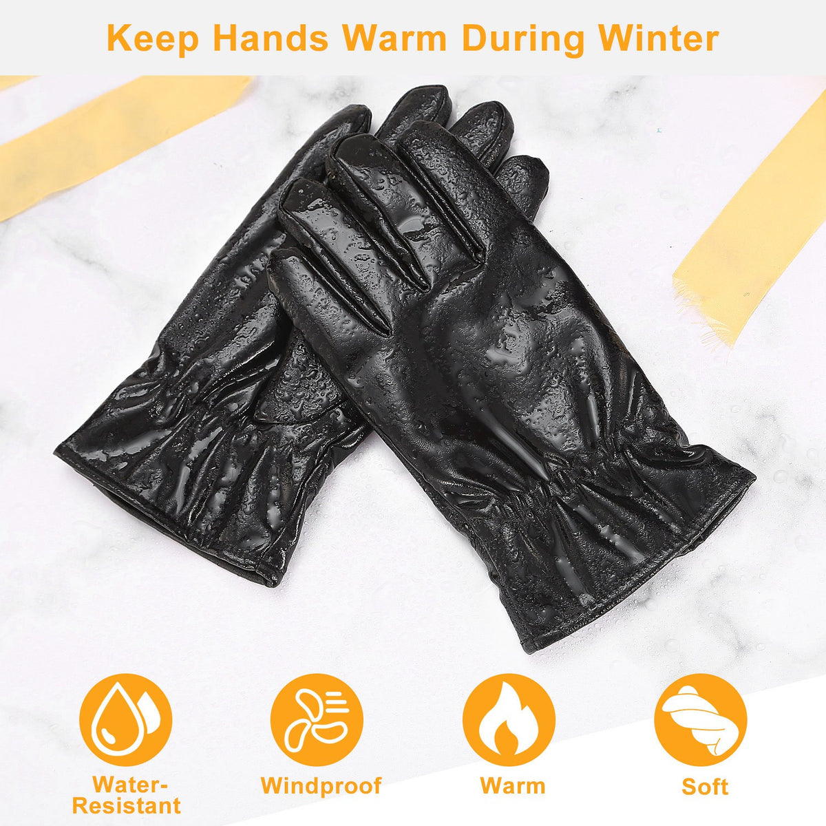 Black leather-look winter gloves pair