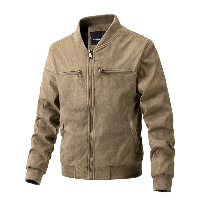 Man in a faux suede bomber jacket
