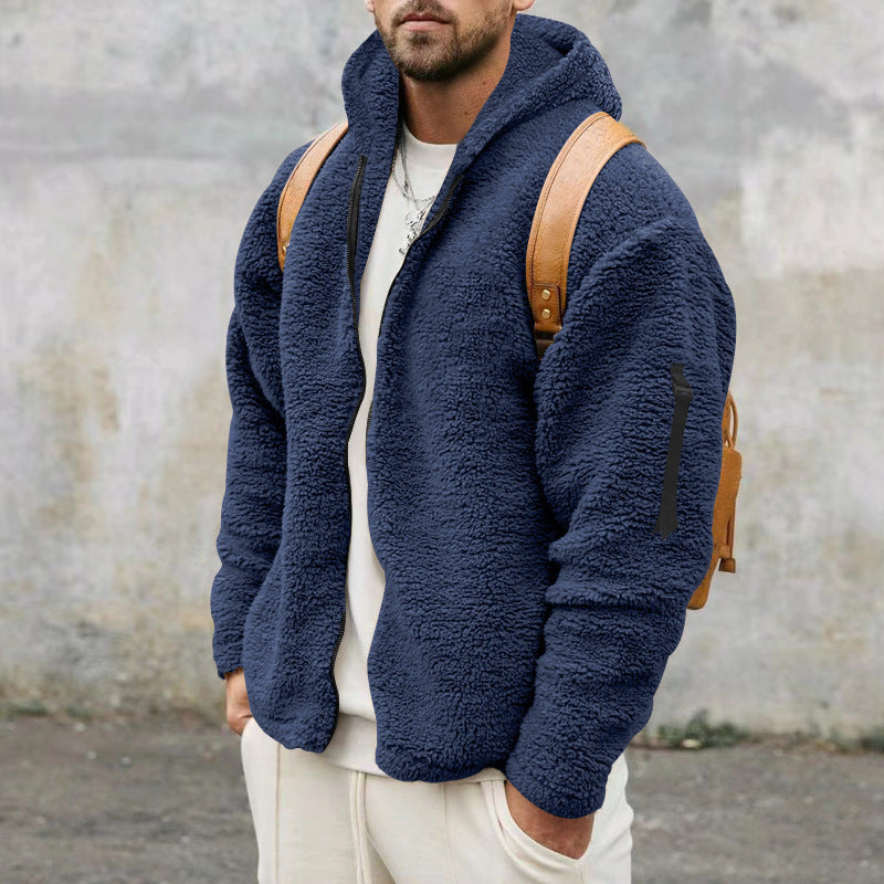 Man in a teddy fleece hooded jacket