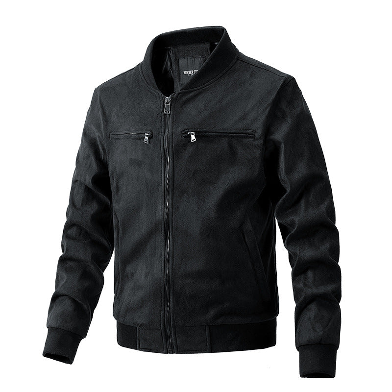 Man in a faux suede bomber jacket