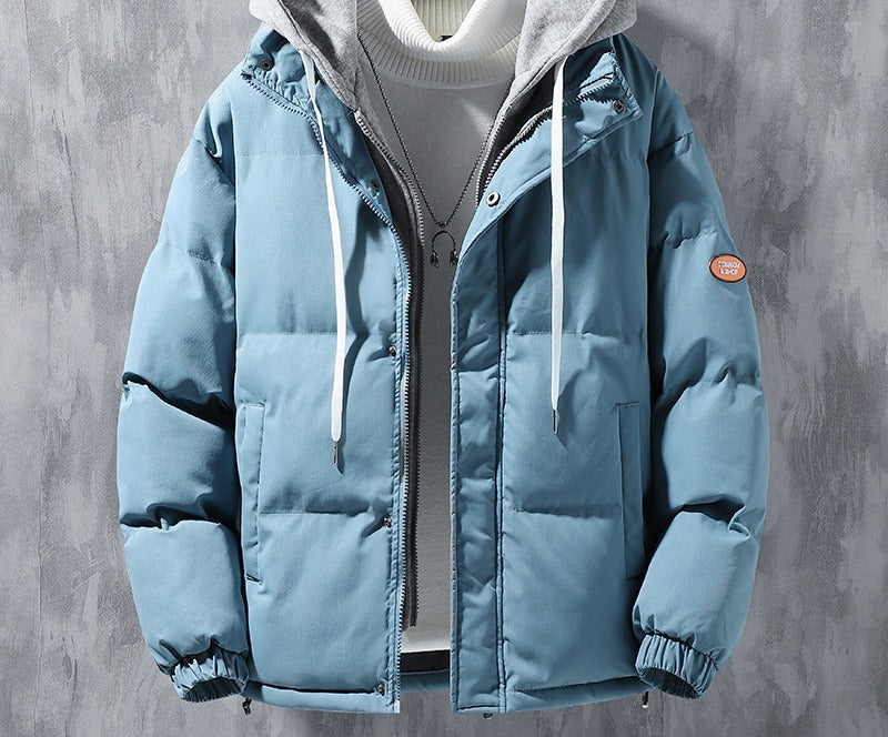 Man wearing a hooded puffer jacket