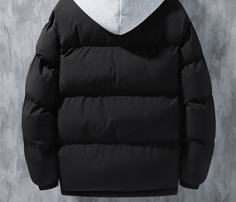 Man wearing a hooded puffer jacket