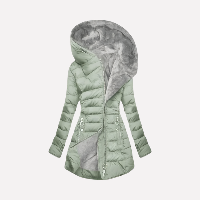 Women's Hooded Puffer Coat with Front Zip and Side Pockets