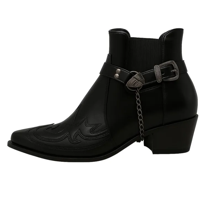 Men's Western Ankle Boots with Pointed Toe and Buckle Chain