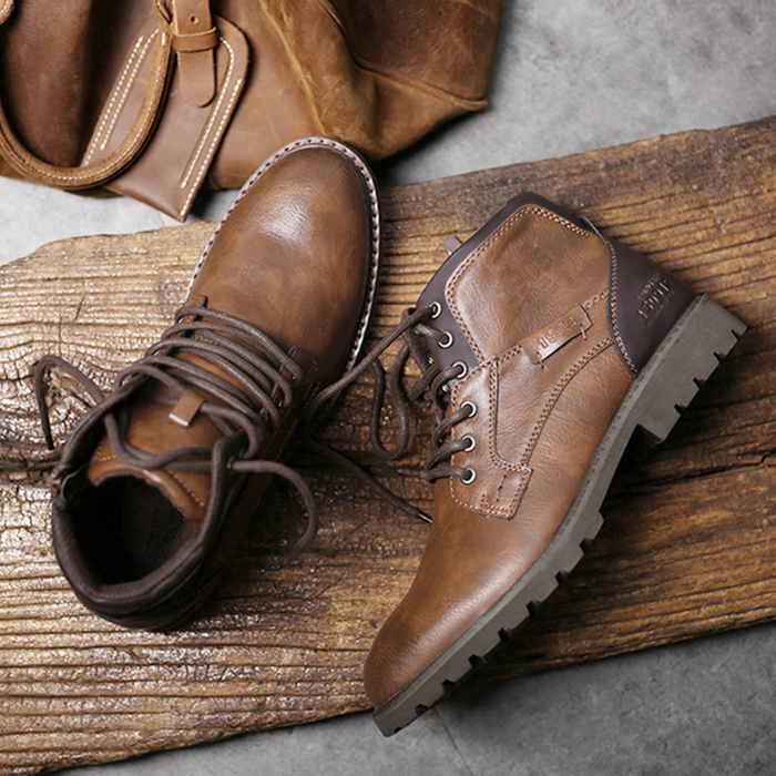 Men's Lace-Up Ankle Boots with Side Zip and Chunky Sole