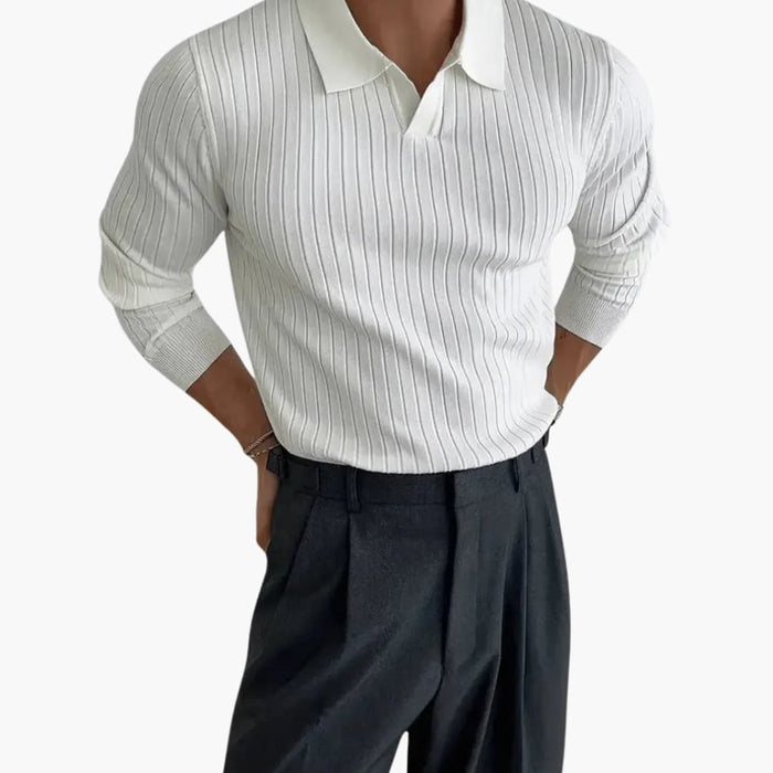 Men’s Ribbed Knit Jumper with Polo Collar and Long Sleeves
