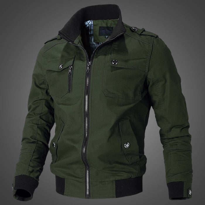 Men's Stand Collar Bomber Jacket Multi-Pocket Front Zip