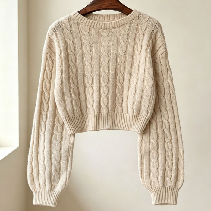 Women's Cable-Knit Cropped Jumper with Balloon Sleeves