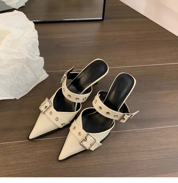 Women's Pointed Mule Heels with Double Buckle Strap