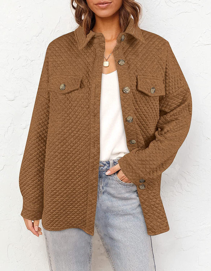Women's Quilted Shacket with Button Front and Chest Pockets