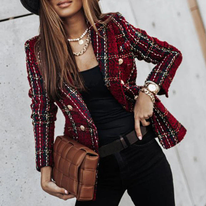 Women's Double-Breasted Blazer with Plaid Pattern