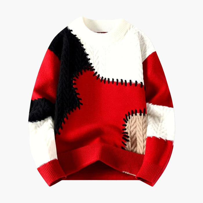 Men's Patchwork Knit Jumper with Ribbed Hem and Crew Neck