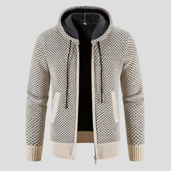 Men's Textured Zip-Up Cardigan with Hood and Ribbed Cuffs