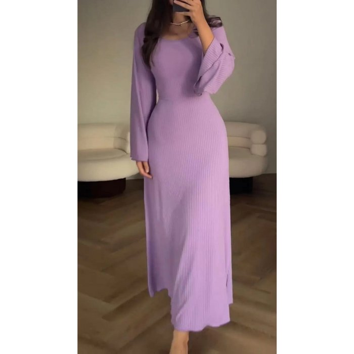 Women's Ribbed Maxi Dress with Long Sleeves and Open Blazer