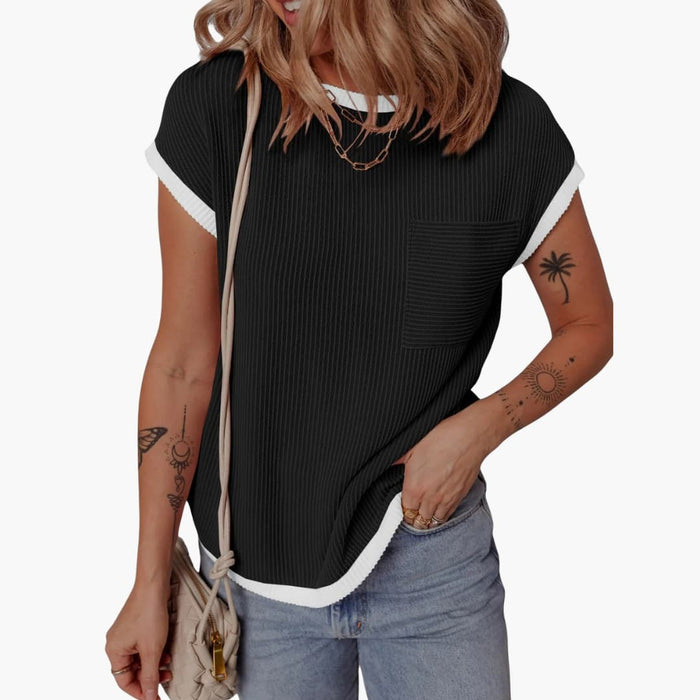 Women’s Knit Crew Neck Contrast Panel Short Sleeve T-Shirt