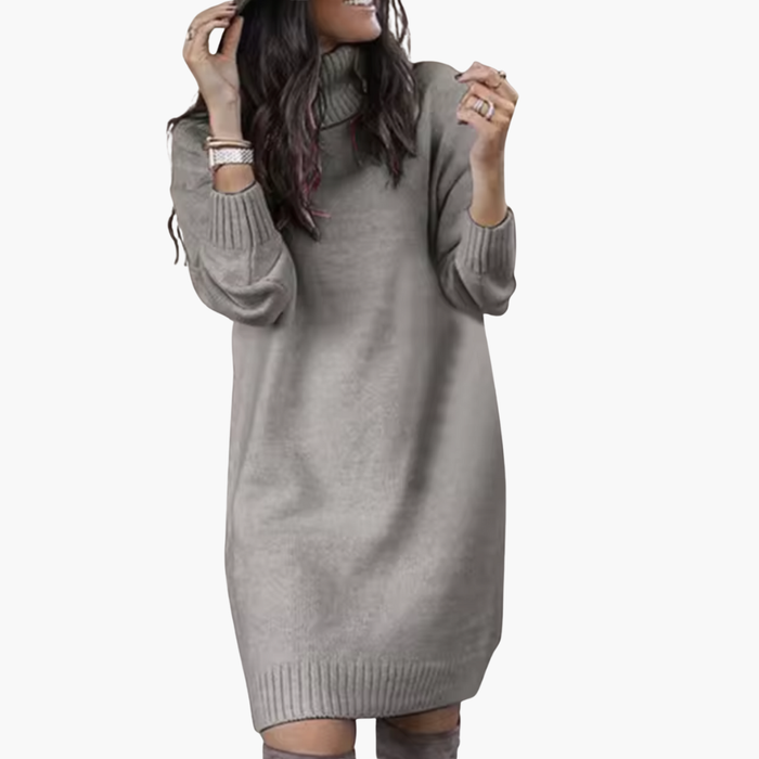 Women’s Turtleneck Jumper Dress with Long Sleeves and Ribbed Hem