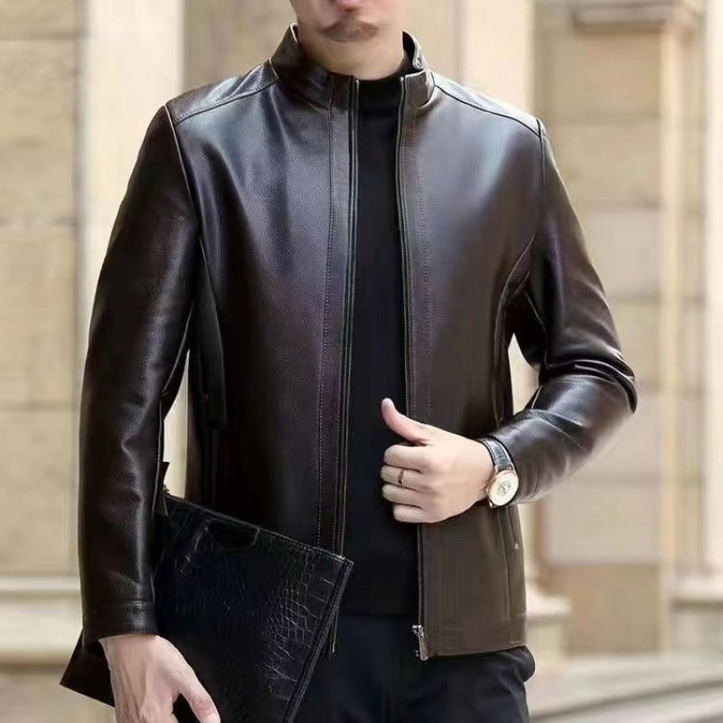 Man wearing a faux leather jacket