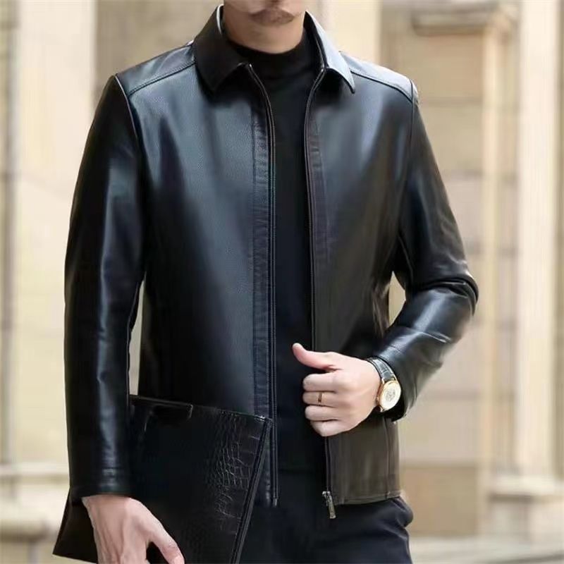 Man wearing a faux leather jacket