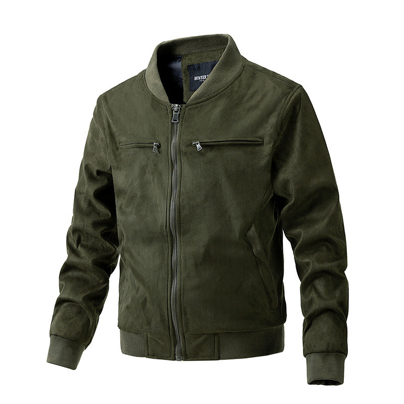 Man in a faux suede bomber jacket