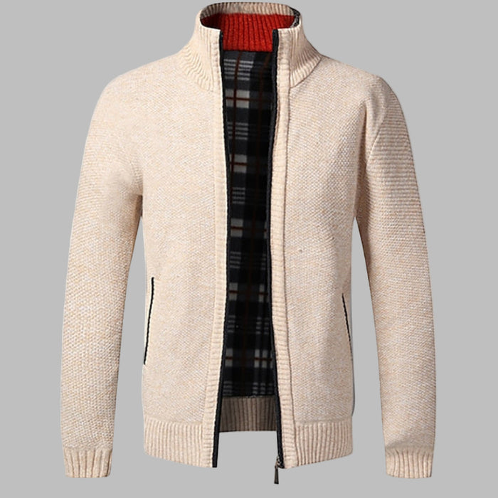 Men's Zip-Up Cardigan with Stand Collar and Textured Knit