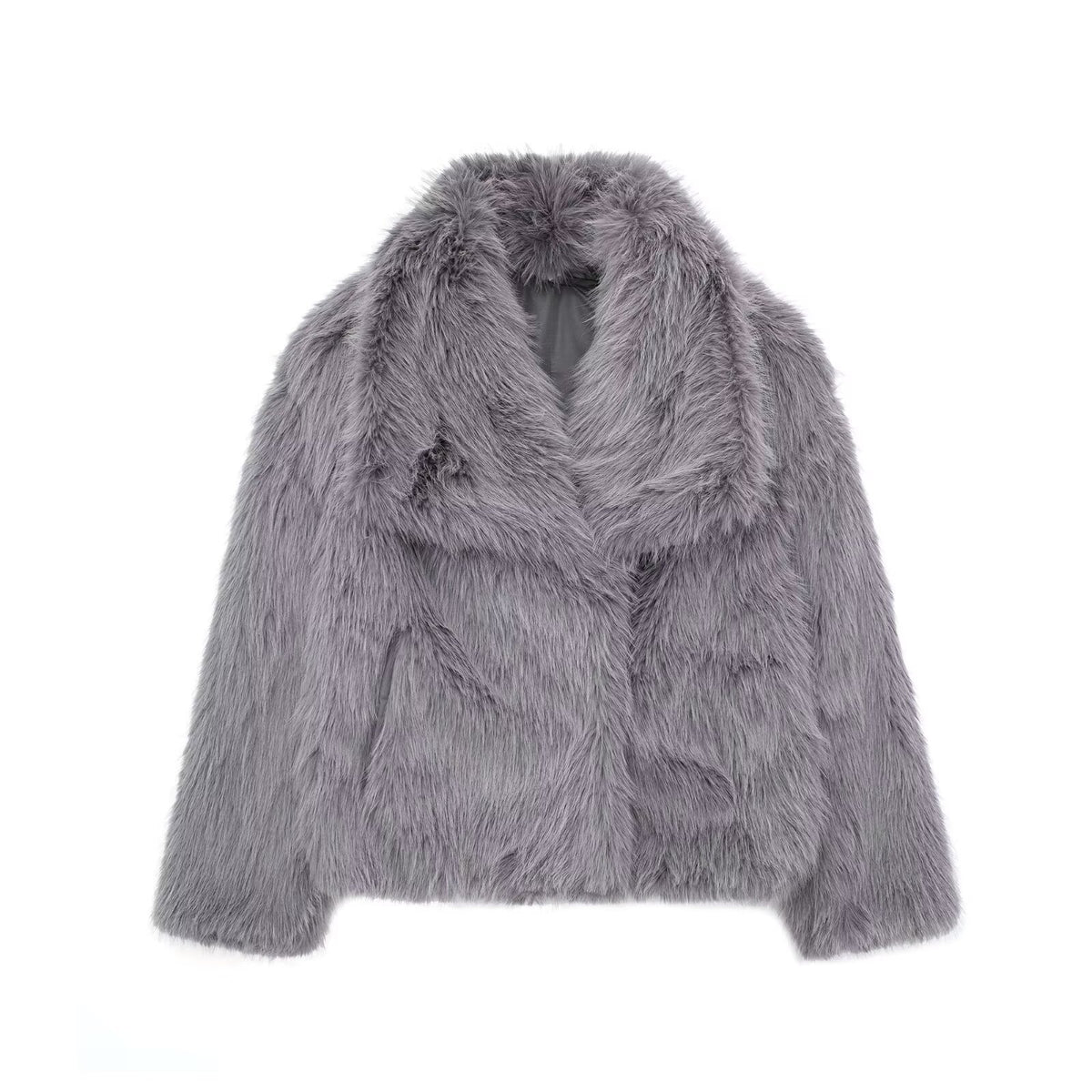 Woman in cropped fluffy faux fur jacket
