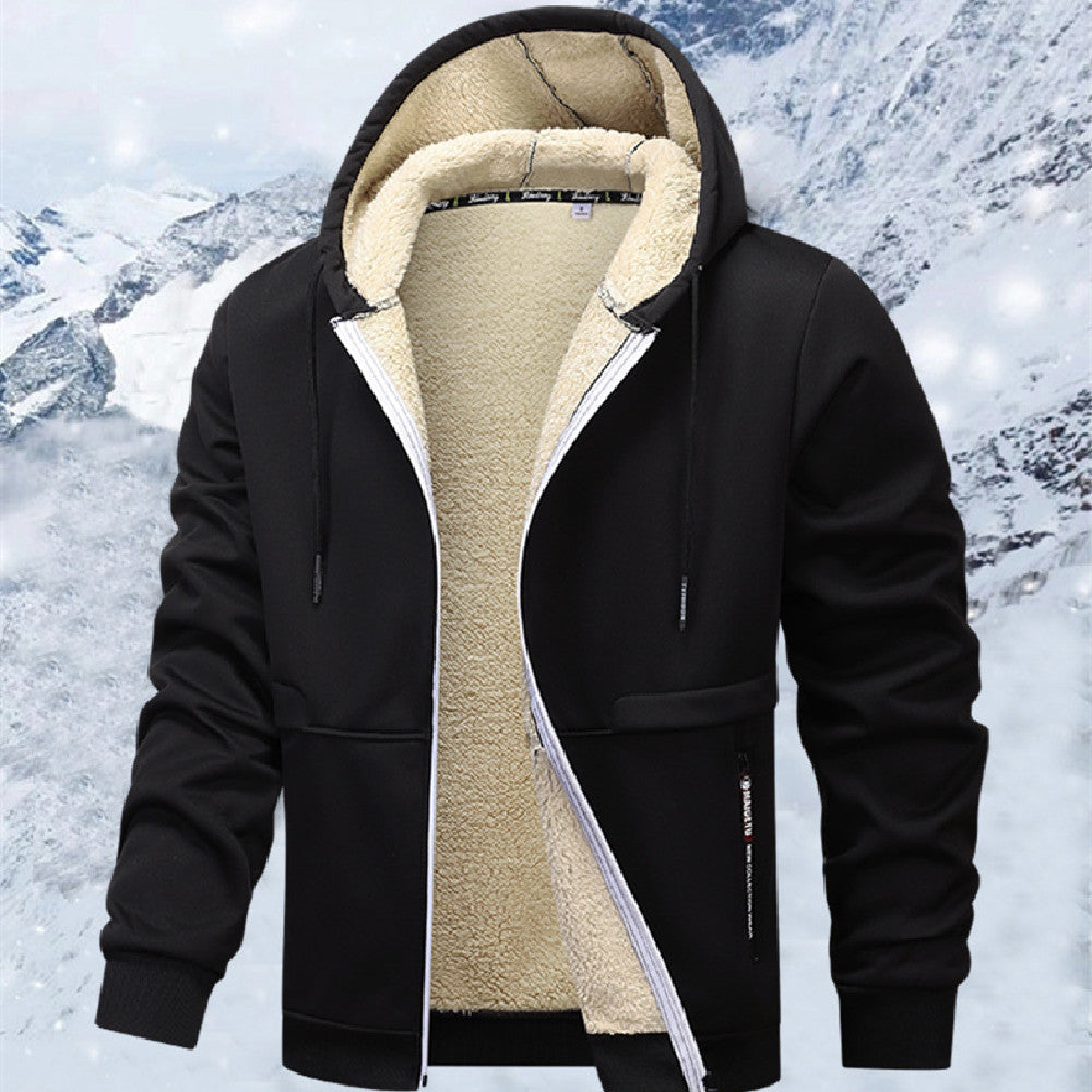 Man in a sherpa lined zip hoodie